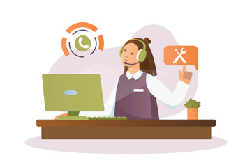 Poster - Call center concept with people scene in the flat cartoon design. A call center employee is trying to contact a customer. Vector illustration.