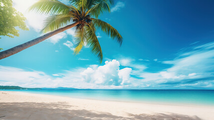 Sticker - Tropical summer beach sand and beautiful sky with coconut palm tree background