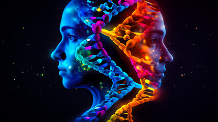 Poster - Concept of biochemistry with dna molecule, Human face, DNA on dark background. Ai generated