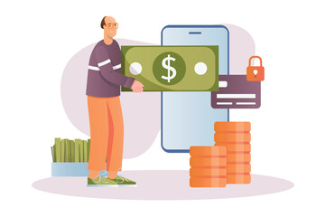 Aufkleber - Online banking concept with people scene in the flat cartoon design. The man pays for purchases through online banking. Vector illustration.