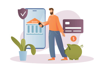 Aufkleber - Online banking concept with people scene in the flat cartoon design. A man monitors his finances using online banking. Vector illustration.