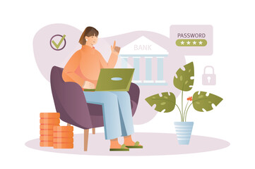Aufkleber - Online banking concept with people scene in the flat cartoon design. The girl makes financial transactions via the Internet. Vector illustration.