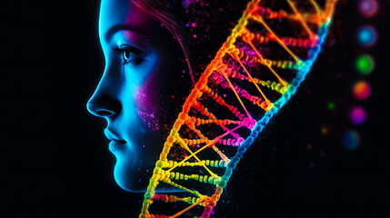 Poster - Concept of biochemistry with dna molecule, Human face, DNA on dark background. Ai generated