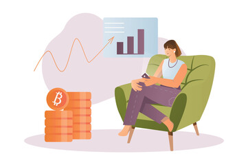 Aufkleber - Crypto concept with people scene in the flat cartoon design. A girl earns money on cryptocurrency while sitting at home. Vector illustration.