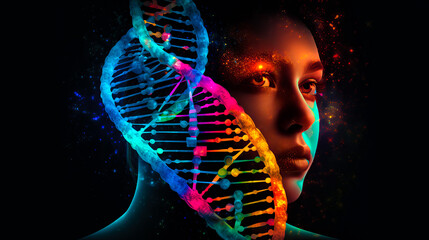 Poster - Concept of biochemistry with dna molecule, Human face, DNA on dark background. Ai generated