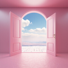 Wall Mural - open door concept for future success. home pink background with generative ai.
