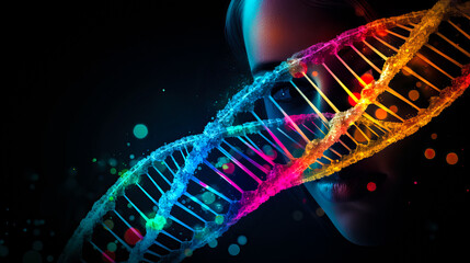 Poster - Concept of biochemistry with dna molecule, Human face, DNA on dark background. Ai generated