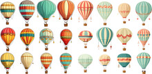 Colorful Vintage Hot Air Balloons, Adventure Vehicles White Background
