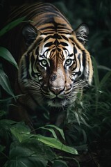 Sticker - AI generated illustration of a majestic Bengal tiger walking slowly through a jungle