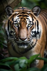 Poster - AI generated illustration of an endangered Bengal Tiger walking through a lush and vibrant forest