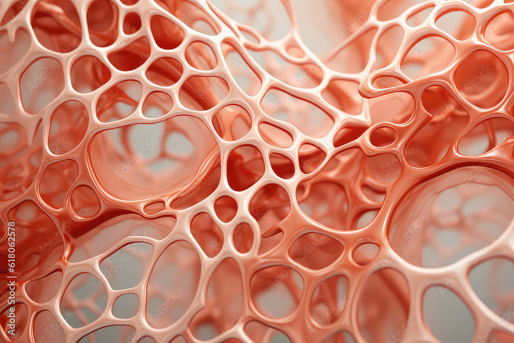 The surface of the skin under the microscope. Molecules and pink skin cells, molecular grid in close-up. Generative AI 3d render illustration imitation.