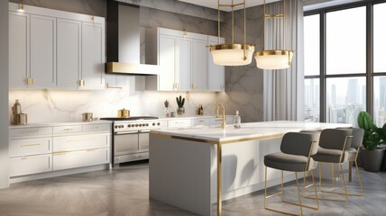 Modern classic white kitchen in luxury apartment. Large kitchen island with marble top and bar stools, luxurious chandelier, gilded details, modern kitchen appliances, panoramic window. 3D rendering.