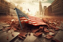 Fallen American Flag Against The Background Of The Burning And Crumbling Skyscrapers. Collapse Of The American Economy, Inflation, Bankruptcy, Destruction Of The Financial System. 3D Illustration.
