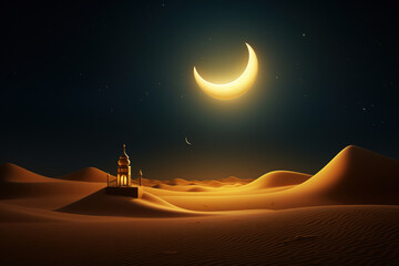 Sticker - Crescent Moon with Illuminated Lantern on Sand Dune, Night Background, islamic fantasy style