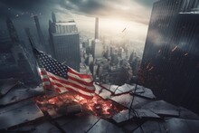 Fallen American Flag Against The Background Of The Burning And Crumbling Skyscrapers. Collapse Of The American Economy, Inflation, Bankruptcy, Destruction Of The Financial System. 3D Illustration.