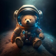 Adorable Small Teddy Bear Wearing An Astronaut Suit, Floating In Outer Space Surrounded By Stars