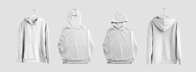 Sticker - Mockup of white long hoodie with pocket, presentation laid out front, back, on hanger, isolated on background. Set
