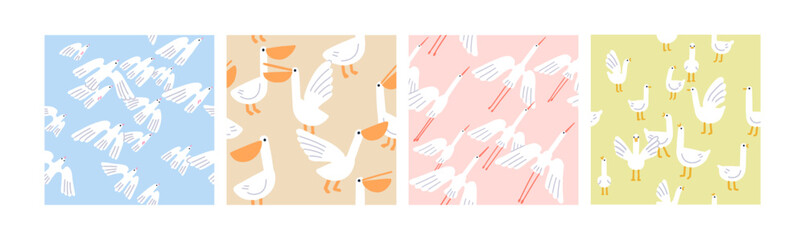 Aufkleber - Flying birds, seamless pattern designs. Endless background, repeating print with cranes flock, doves, chicken, pelicans. Colored flat graphic vector illustrations for textile, fabric, wrapping
