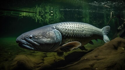 Wall Mural - Fish under water. Arapaima fish - Pirarucu Arapaima gigas one largest freshwater fish