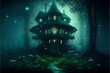 a bioluminescent mushroom filled forest with a magical haunted2 mansion green mist spooky2 