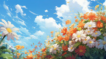 Bright Flowers Meet Fresh Leaves. Summer Sunshine And The Blue Sky Generative AI