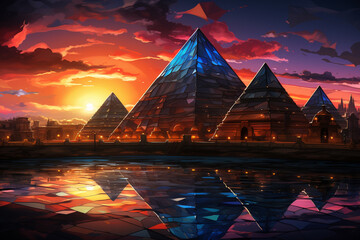 Fototapete -  The Pyramids of Giza in this artwork are transformed into abstract and geometric compositions with inflated forms.  Generative AI technology.