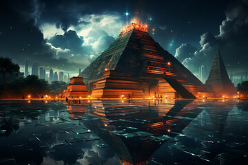 Poster -  This image of the Great Pyramid of Chichen Itza embraces abstract and geometric aesthetics.  Generative AI technology.