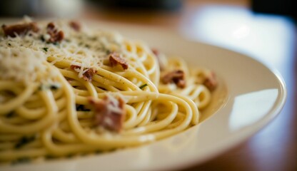 Poster - AI generated illustration of a bowl of spaghetti with bacon and cheese on a tabletop