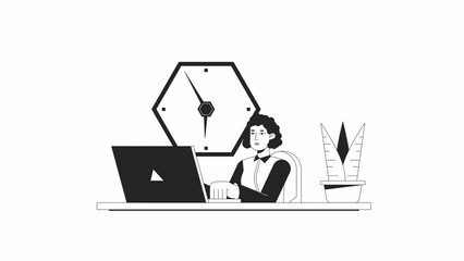 Fototapete - female employee at desk bw animation. animated character office worker laptop. hr manager. monochrom