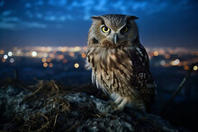 Portrait of an owl at night with defocused bokeh lights of a city in the background