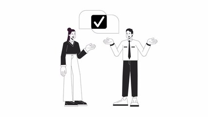 Fototapete - Co workers partnership bw animation. Animated characters colleagues sharing thoughts. Monochrome 2D flat outline cartoon 4K video, white background, alpha channel transparency for web design