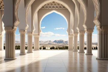 Aufkleber - This image presents the Alhambra through a minimalist abstract approach. The artwork focuses on the clean lines, arches, and ornate motifs of the palace,  Generative AI technology.