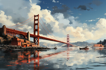 Golden Gate Bridge incorporates elements of surrealism. The image blends realistic architectural features with dreamlike and symbolic elements,  Generative AI technology.