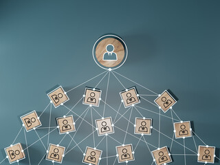 Wall Mural - wooden cube block print screen person icon which link connection network for organisation structure 