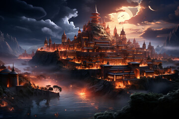 Poster - Potala Palace, combining fractal patterns, digital manipulation, and celestial motifs to create a mesmerizing and otherworldly representation of the sacred Tibetan site. Generative AI technology.