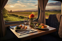 A restaurant in a train with a beautiful view outside the window. Dining car, vagon restaurant. A table with delicious food and wine. Generative AI photo imitation.