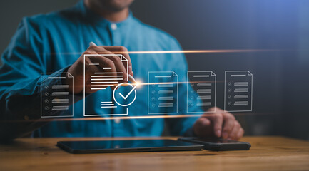Poster - Check mark symbol represents the standard quality control. Businessman writing virtual glowing correct sign mark and document for online approve paperless and quality assurance. Guarantee, Certificate