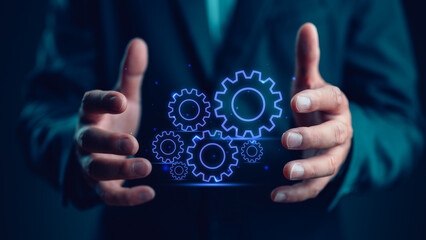 Fototapete - Business process management and workflow automation diagram with gears, Manager touching interface, Efficient business operation. Smart control concept