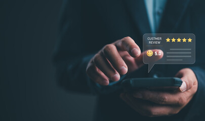 Poster - Customer review satisfaction feedback survey concept. User give rating to service excellent experience on smartphone application, Client evaluate quality of service reputation ranking of business.