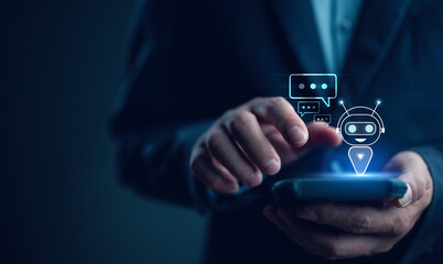 Poster - Chatbot Chat with AI, Artificial Intelligence. Man using technology smart robot AI, artificial intelligence by enter command prompt for generates something, Futuristic technology transformation.