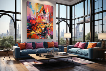 Aufkleber - A striking abstract artwork of the Tower Bridge in the United Kingdom, featuring a dynamic composition of bold lines, vibrant colors. Generative AI technology.