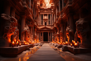 Aufkleber -  Petra Treasury, distorted perspectives, and a harmonious color palette to convey the awe-inspiring beauty and architectural marvel of the iconic Jordanian landmark.  Generative AI technology.