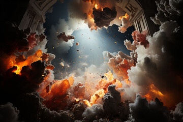 Poster - An abstract photograph that captures the essence of an atomic explosion through the interplay of light and shadow. The image features dramatic contrasts and bold shapes, Generative AI technology.