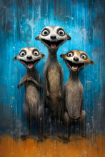 Portrait Of A Oil Painting Portrait Of Funny And Happy Suricates On Blue Background.