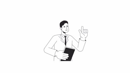 Fototapete - male tutor explaining bw animation. animated character asian man with raised finger. monochrome 2d f