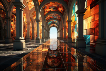 Aufkleber - An abstract collage of a Roman Colonnade, incorporating geometric shapes, textures, and fragments of architectural elements to create a visually layered and textured Generative AI technology.