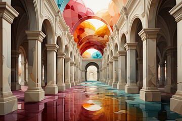 Aufkleber - Roman Colonnade, combining painting, drawing, and collage techniques to create a visually textured and abstract interpretation of the architectural elements .Generative AI technology.
