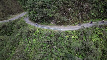 Wall Mural - Drone footage over a road on hills between lush forest pn a sunny day