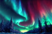 The Sky Is High The Sky Is Full Of Shining Stars There Are Many Colorful Aurora Bands Many Aurora Lights Are Green Red Many Trees Are Under The Snow Snowy Green Blue Purple Background Super 