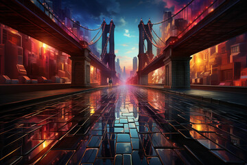 Poster - An abstract photograph of the Brooklyn Bridge, focusing on its geometric lines, angles, and repetitive patterns, capturing its grandeur. Generative AI technology.
